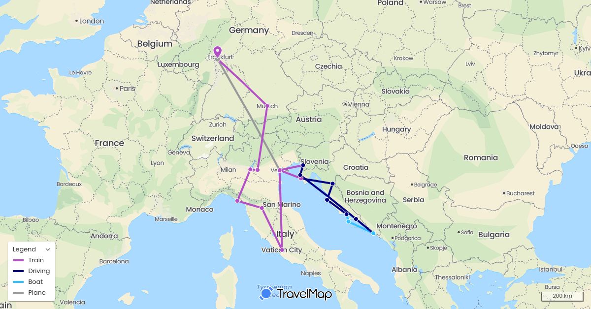 TravelMap itinerary: driving, plane, train, boat in Germany, Croatia, Italy (Europe)